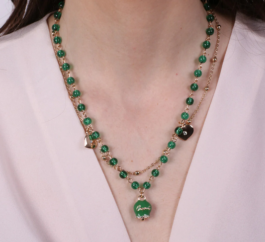 COLLANA DOPPIO FILO CON CORALLINI E CAMPANELLA SMALTATA VERDE SCURO AMO CAPRI