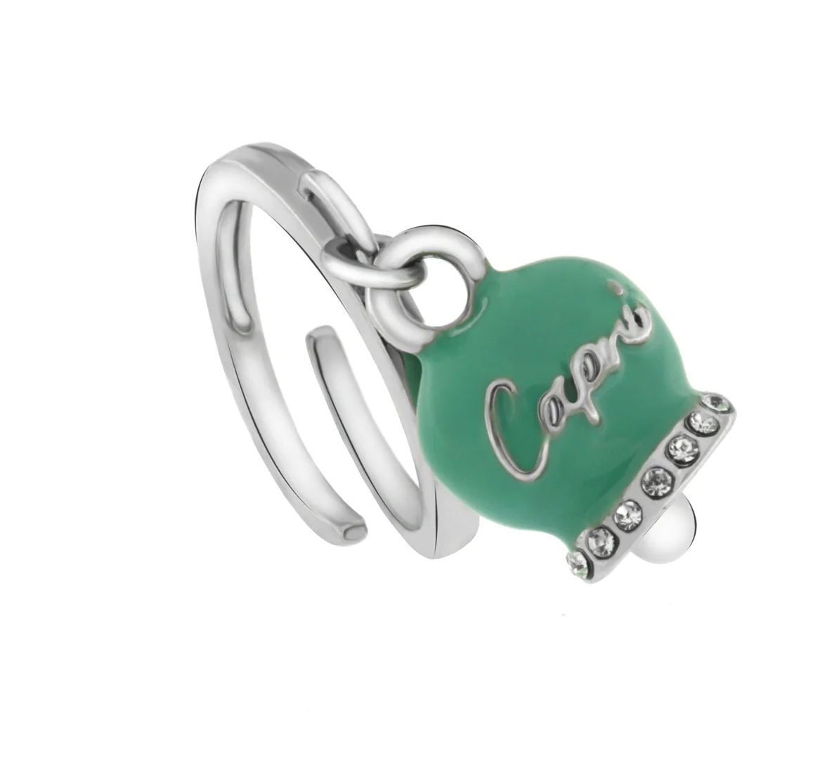 ANELLO CON CAMPANELLA PORTA FORTUNA SMALTATA VERDE ACQUA AMO CAPRI