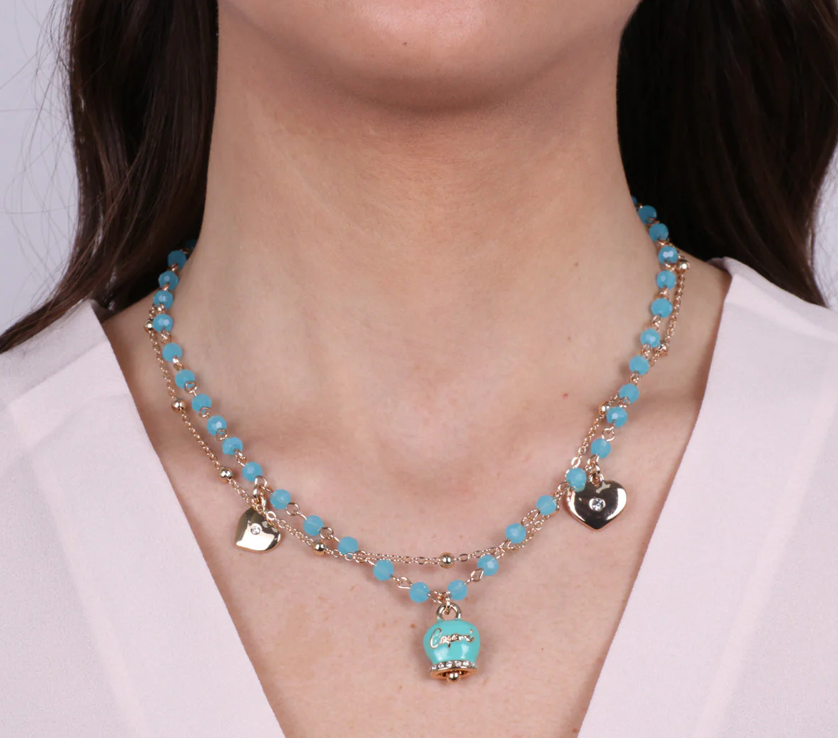 COLLANA MULTIFILO CON CAMPANELLA TURCHESE E CRISTALLI AZZURRI AMO CAPRI