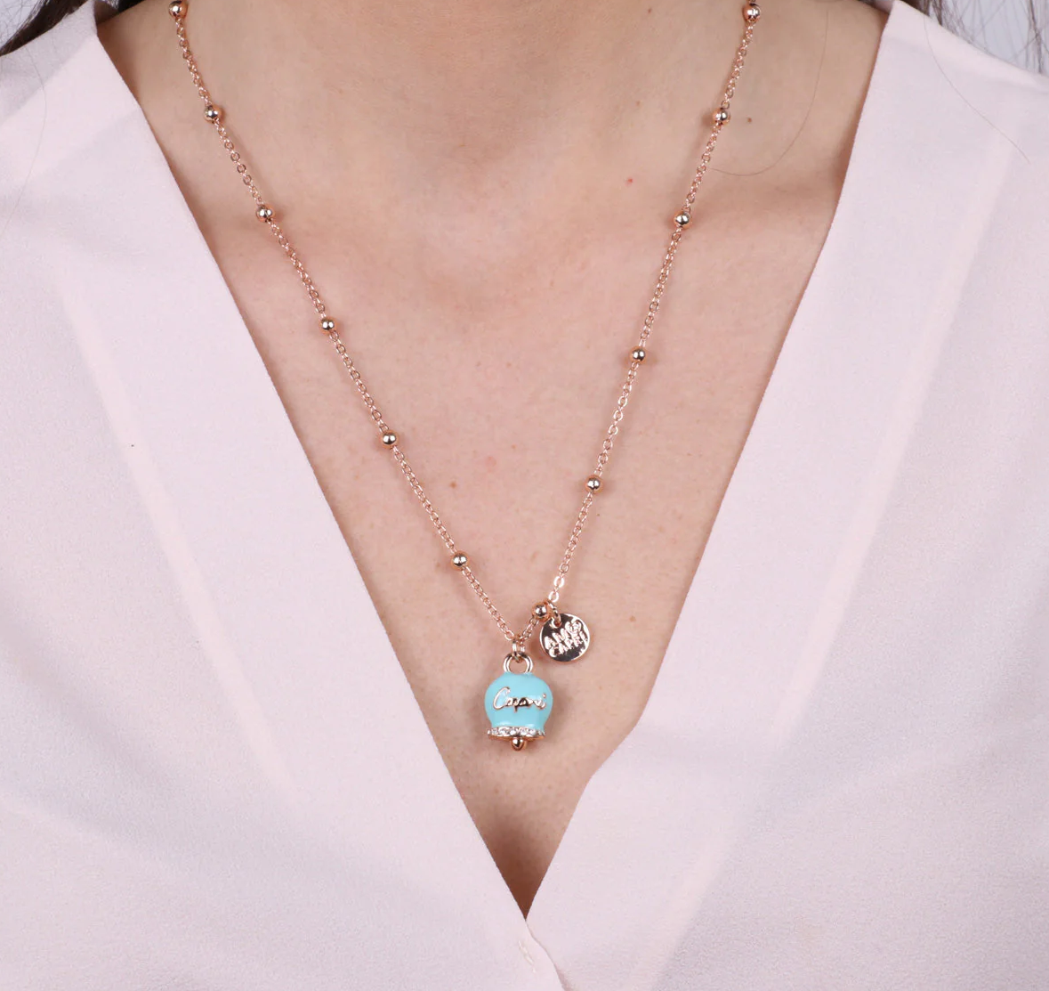 COLLANA ROSE' CON CAMPANELLA SMALTATA AZZURRA AMO CAPRI