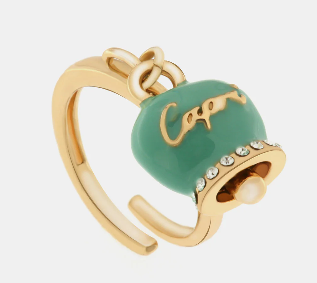 ANELLO CON CAMPANELLA PORTAFORTUNA VERDE E BASE DORATA AMO CAPRI