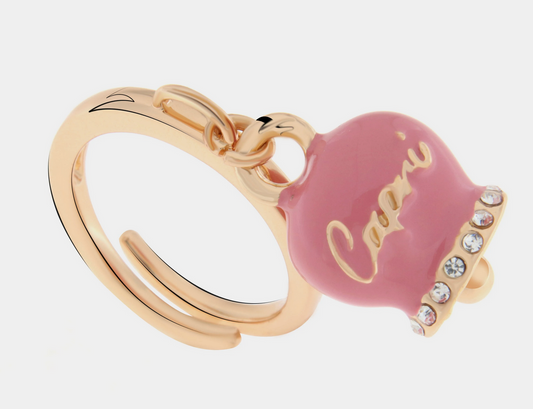 ANELLO CON CAMPANELLA PORTAFORTUNA ROSA CON ZIRCONI BASE DORATA AMO CAPRI