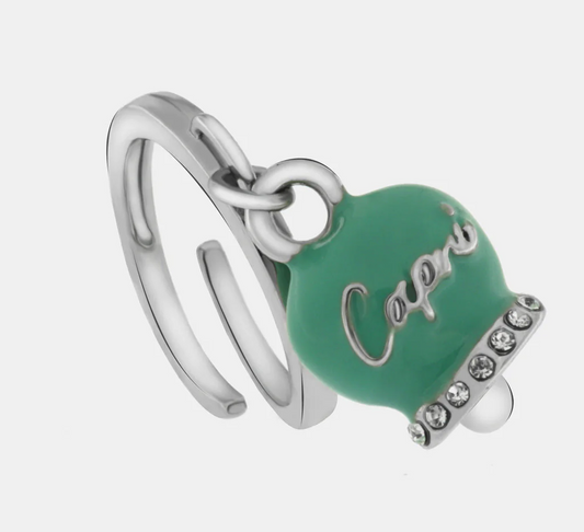 ANELLO CON CAMPANELLA VERDE  CON ZIRCONI E BASE ARGENTATA AMO CAPRI