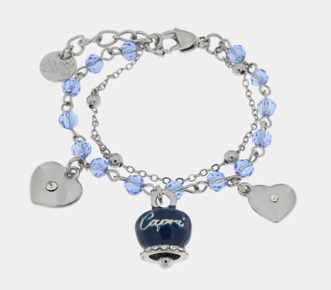 BRACCIALE CON CAMPANELLA SMALTATA BLU E CUORI PENDENTI AMO CAPRI