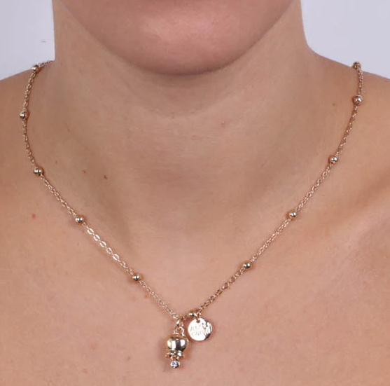 COLLANA CON PERLINE E CAMPANELLA BASE ARGENTO DORATA E ROSE' CON CRISTALLO AMO CAPRI