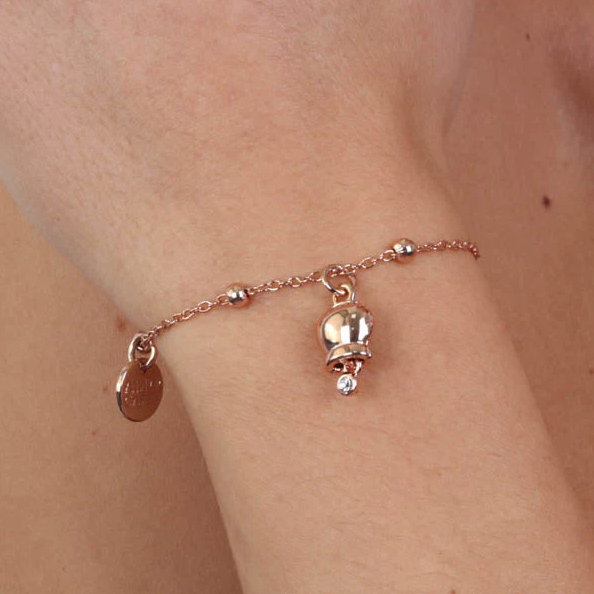 BRACCIALE CON CAMPANELLA  BASE ARGENTO DORATA E ROSE' CON CRISTALLO AMO CAPRI