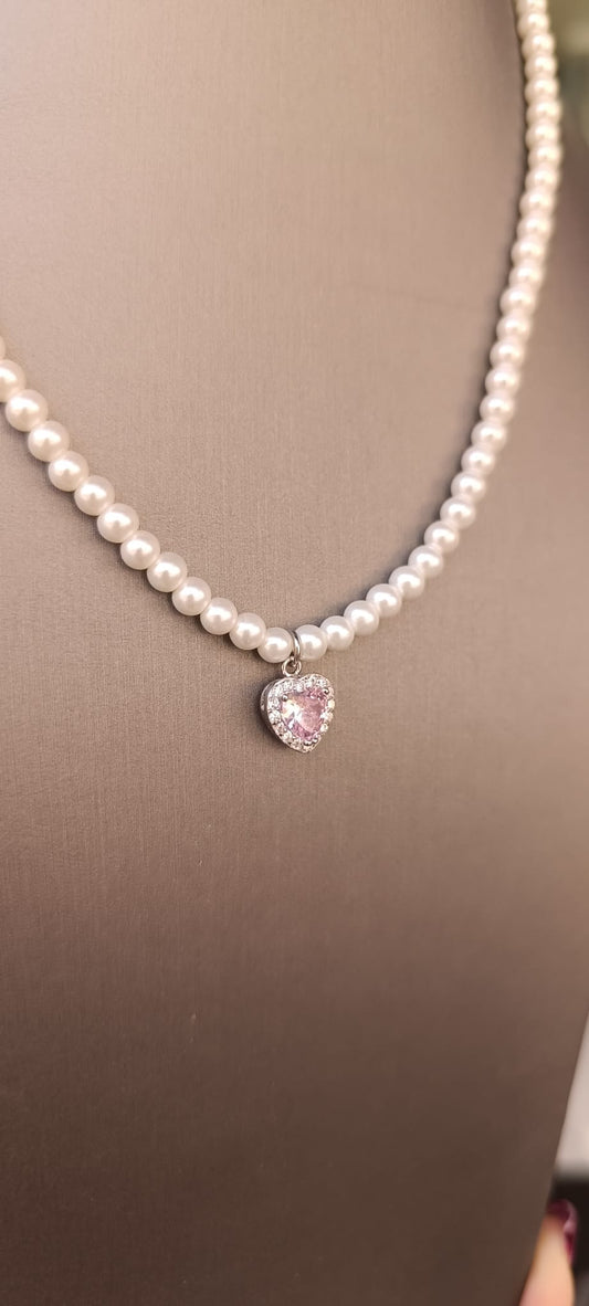 COLLANE DI PERLE CON CIONDOLI A CUORE ZIRCONATI ARGENTO 925%